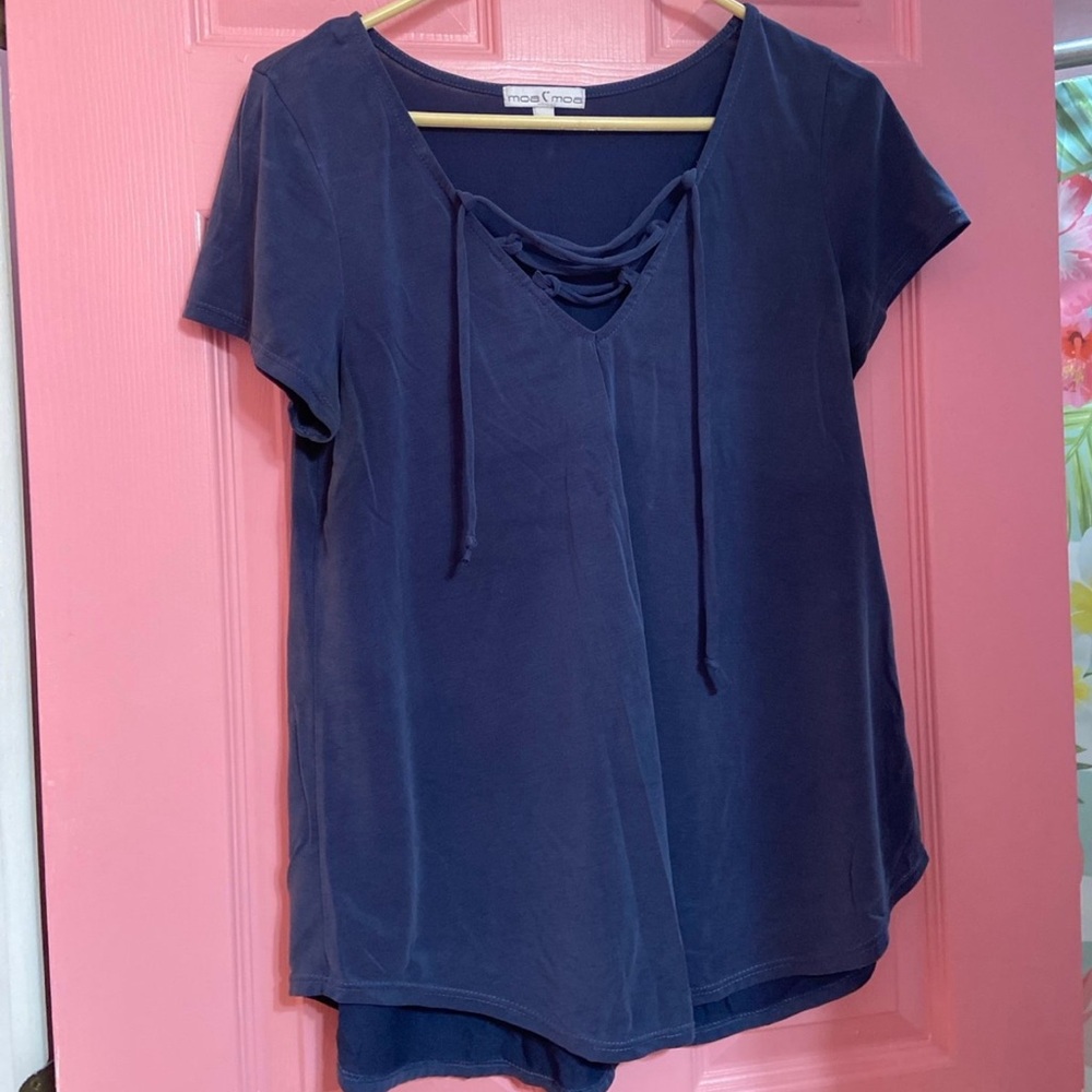 Navy blue lace up blouse